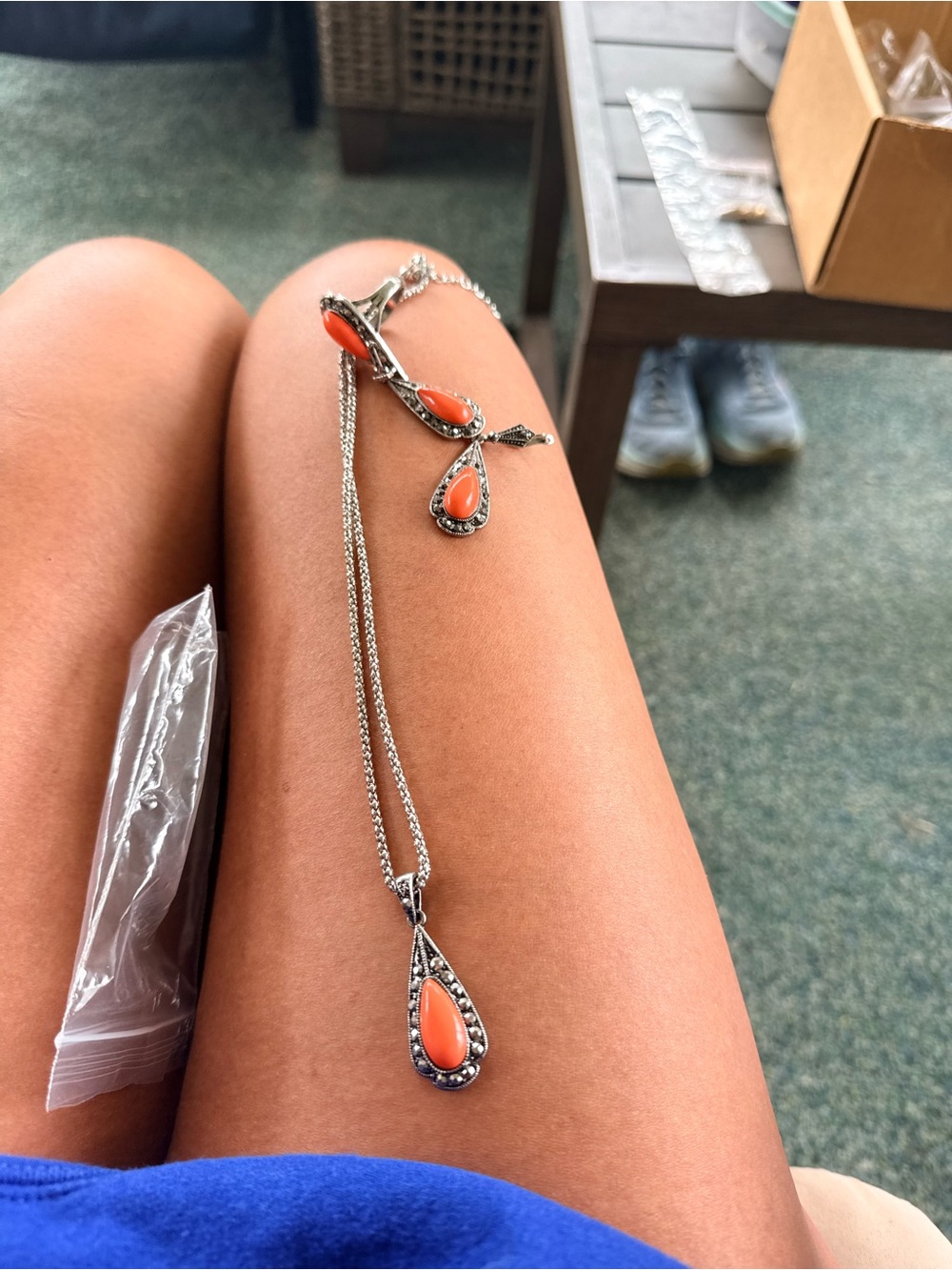 Silver Teardrop Necklace and Bracelet Set with Coral Gemstones